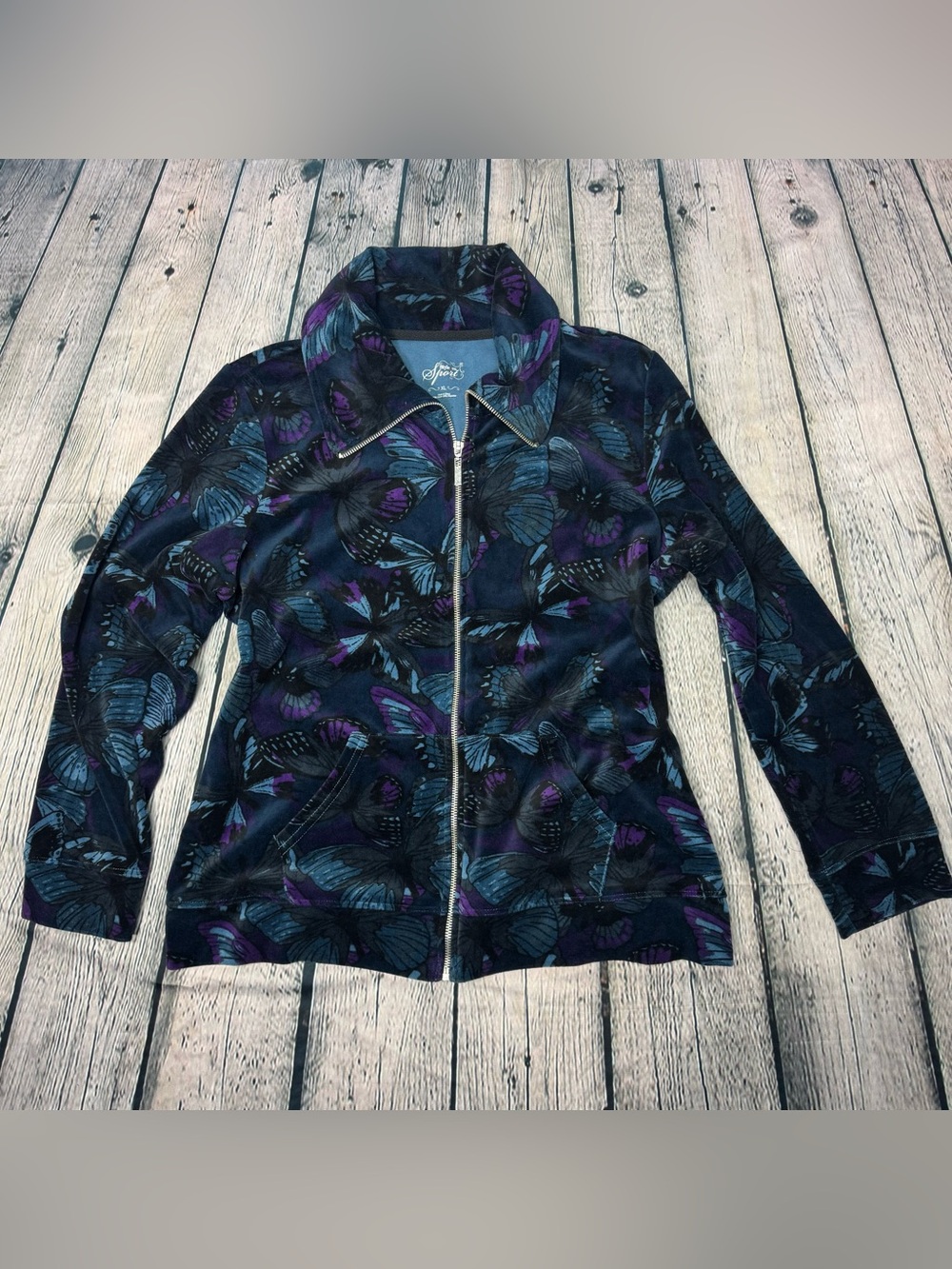 Style & Co Blue & Purple Butterfly Print Zip Up Velvet Jacket Whimsigoth Size XL